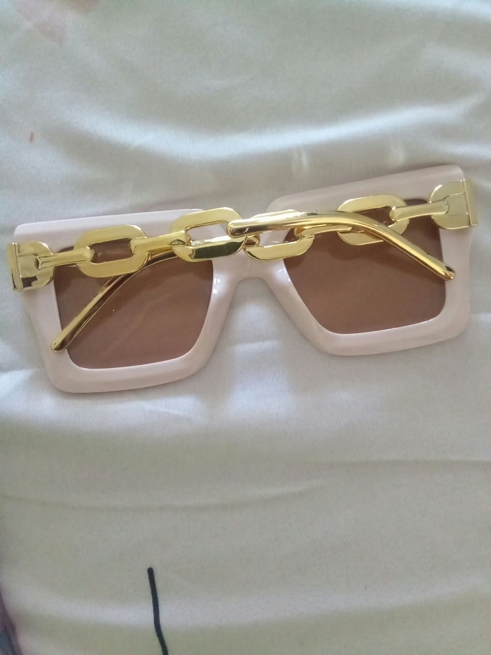 & Other Stories Cream Pink Square Sunglasses with Gold Chain Detail